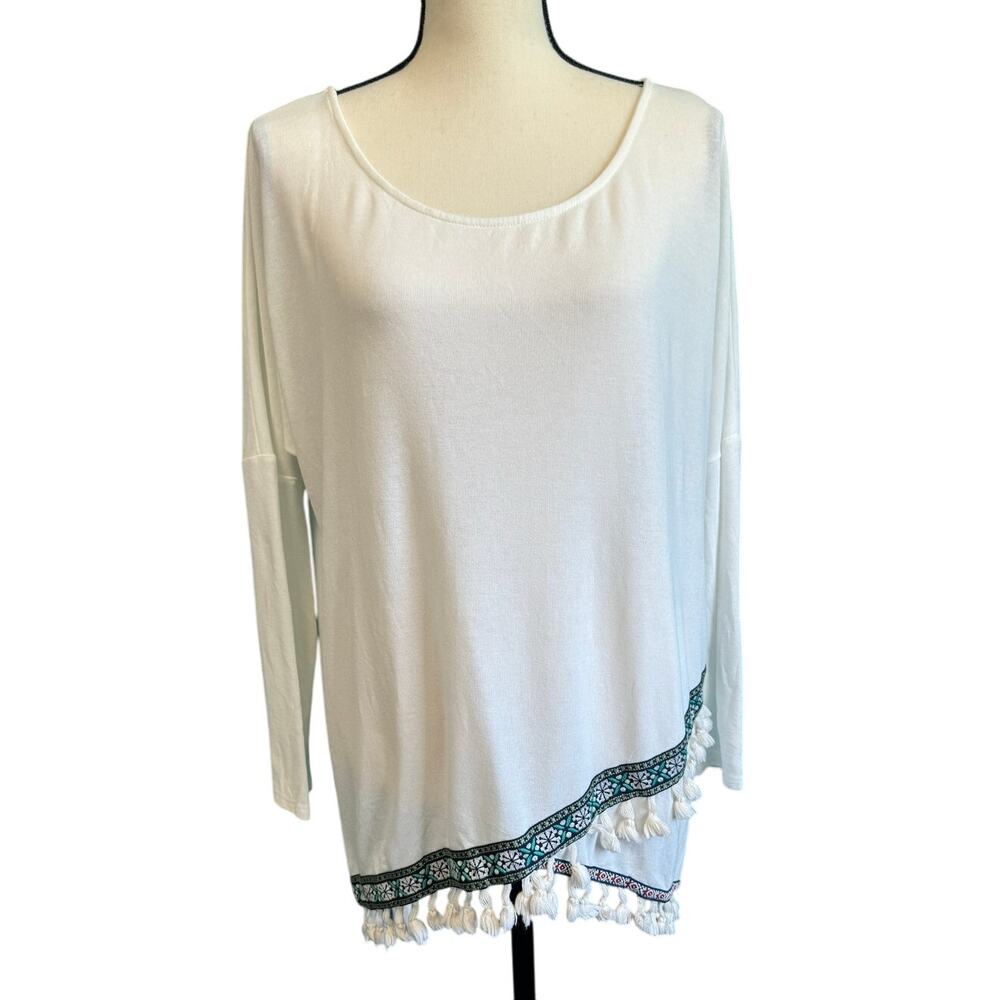 Umgee USA White Long Sleeve Tassel Trim Women's Blouse Small